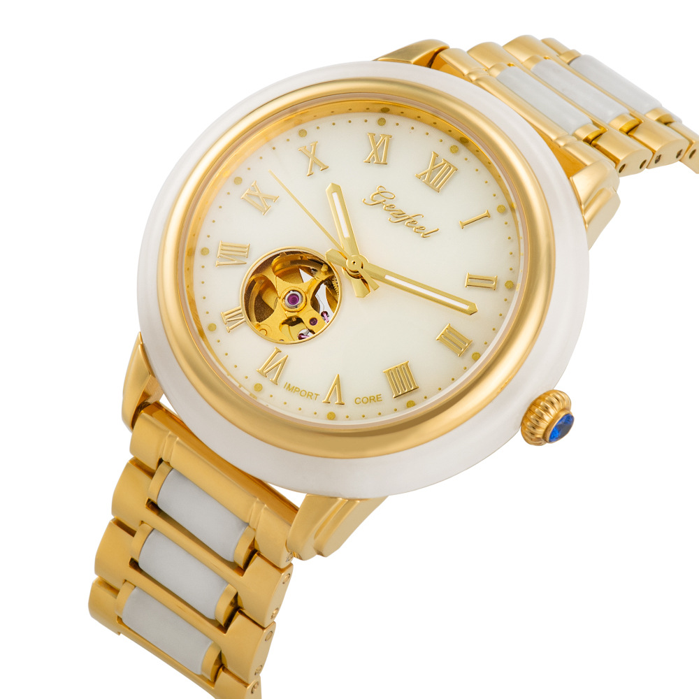 玉表工厂货源和田玉白玉镂空机械钢玉带手表男女款有证书一件代发