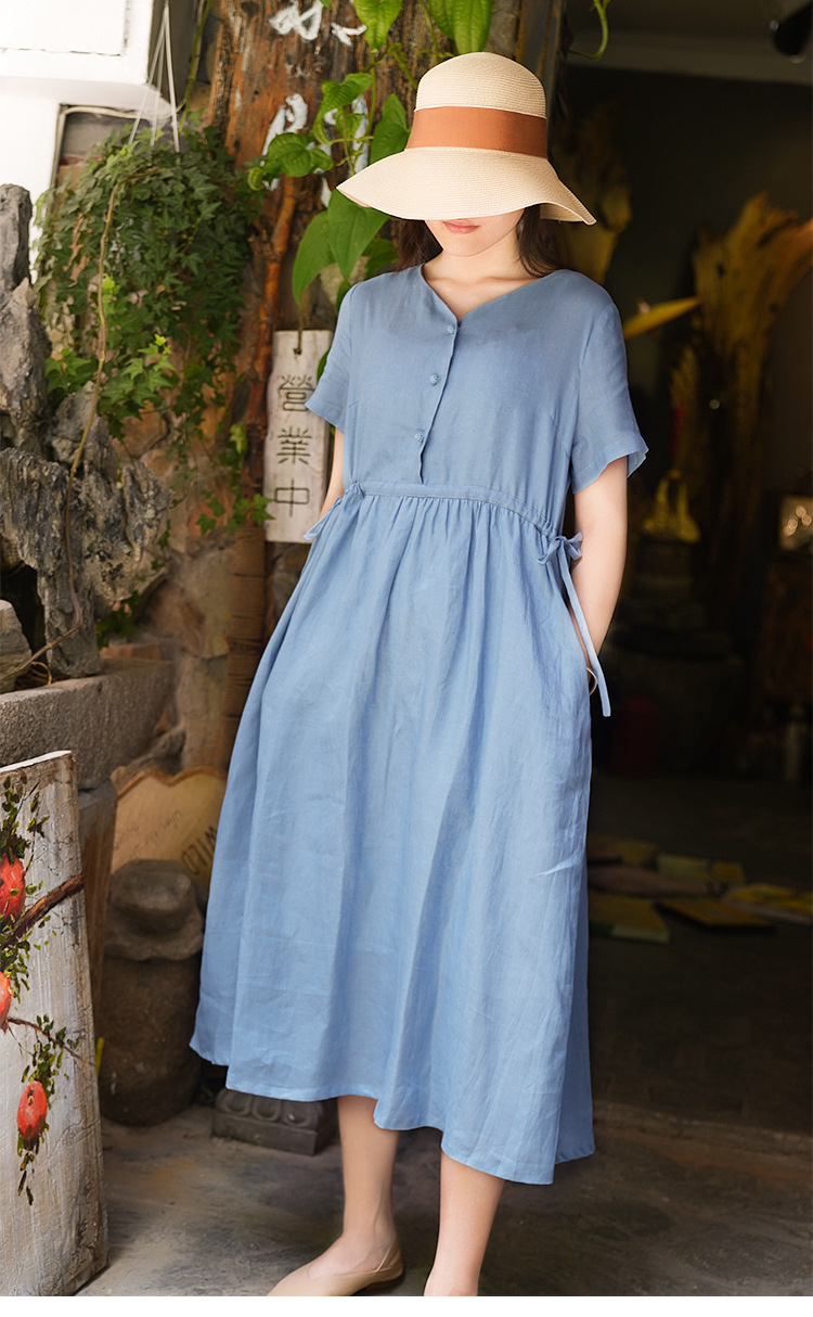 蓝色亚麻连衣裙新款文艺复古短袖中长款裙子棉麻女装夏一件代发