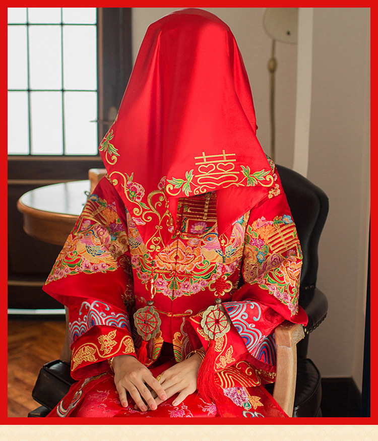 婚庆用品中式红盖头新娘结婚头纱盖头大红色绸缎刺绣双层喜字盖头