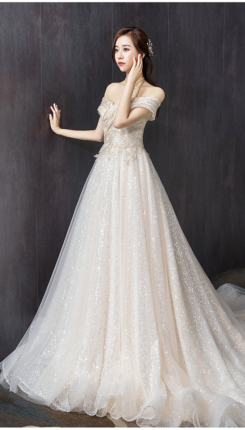 婚纱2021新款新娘礼服一字肩轻纱星空简约超仙森系公主梦幻小拖尾