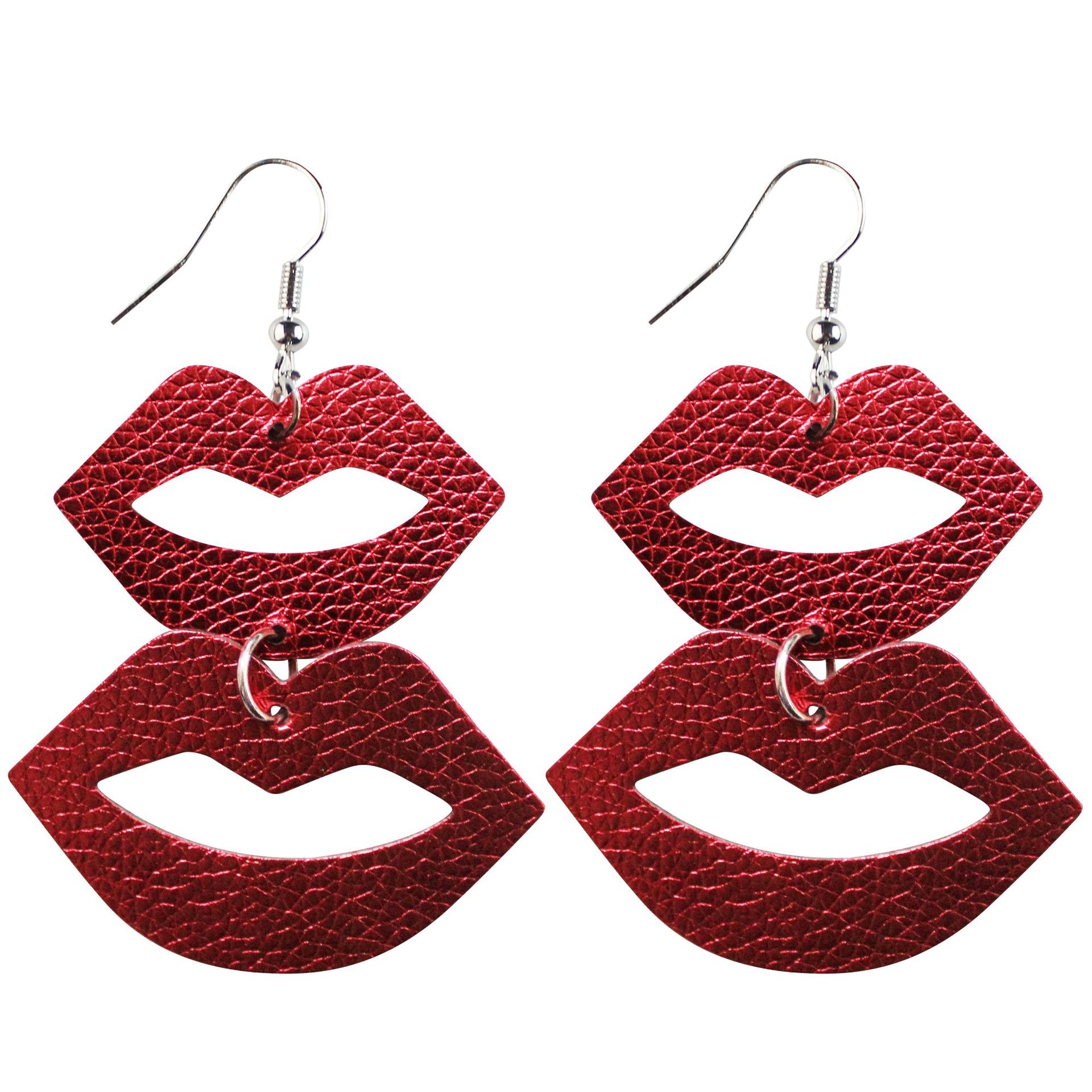 Valentine's Day Love Red Lip Leather Earrings Double-Layer Water Drop Peach Heart Sequins Plaid Lychee Pattern Cross-Border Amazon