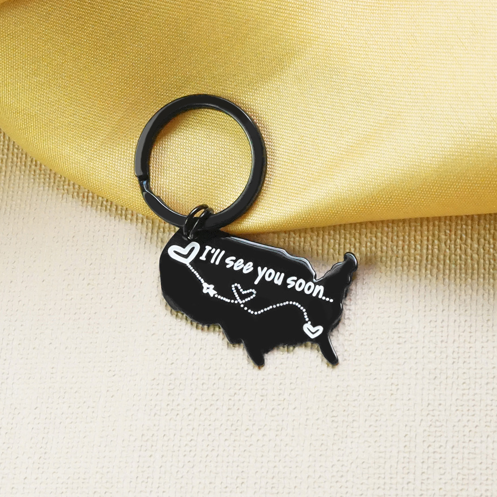 欧美简约风格 ill see you soon境外地图钥匙扣不锈钢钥匙扣情侣
