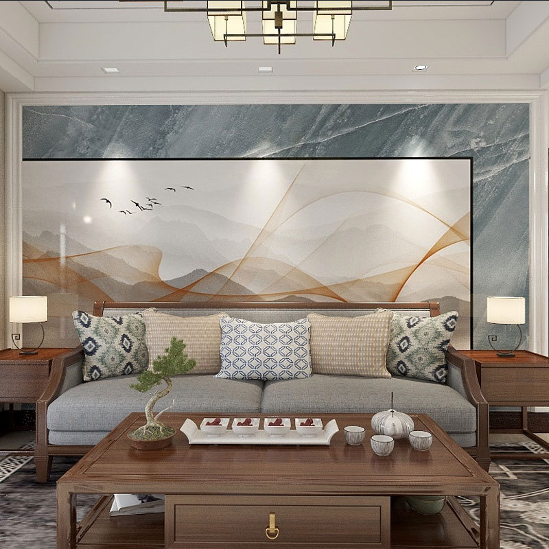 电视背景墙壁纸仿悬空造型大理石墙纸影视墙壁画烤瓷墙布灰色轻奢