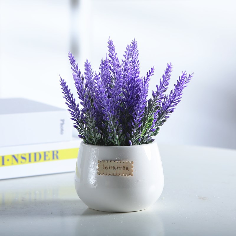 仿真花盆假薰衣草栽含白陶瓷薰衣草盆栽植绒假花绢花客厅餐桌装饰