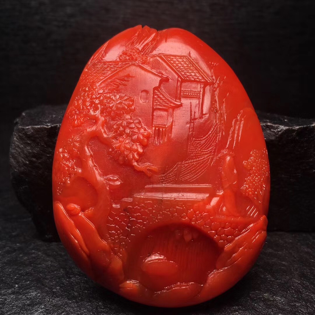 精美保山南红玛瑙山水牌吊坠 满肉柿子红 雕工精细 可塘工厂直销