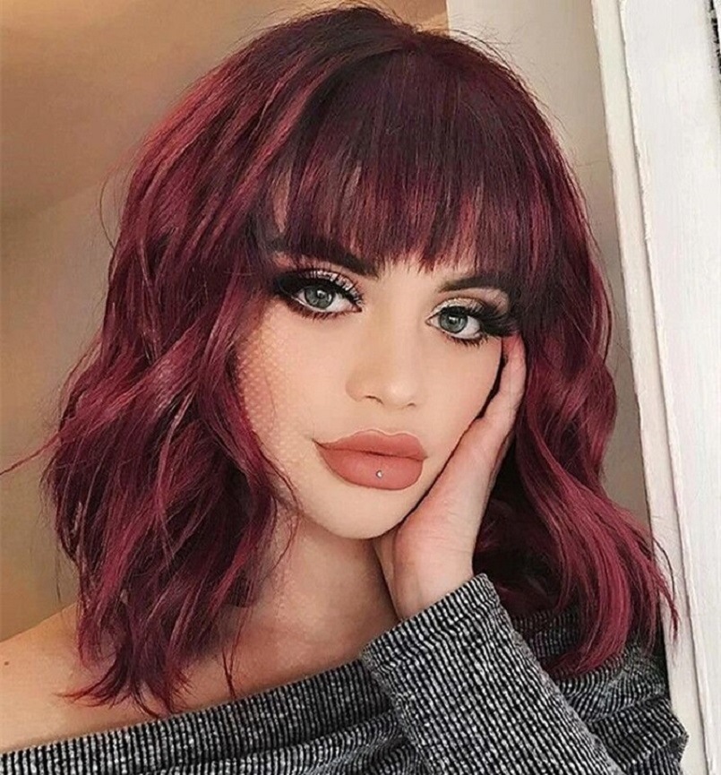 欧美时尚假发齐刘海短卷发酒红色中长卷发化纤高温丝小卷头套齐肩