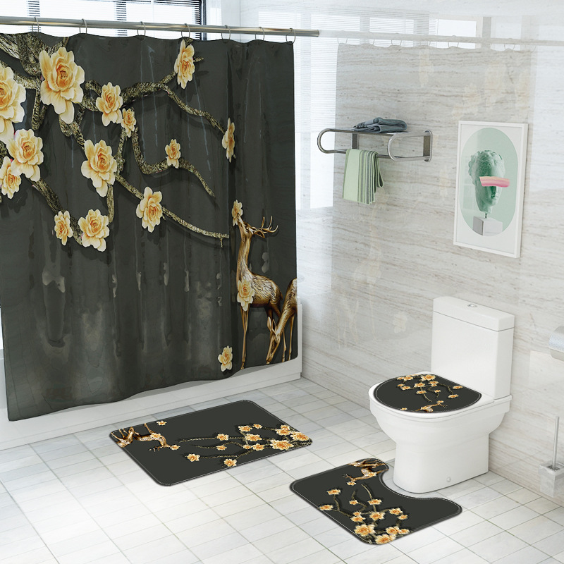 Cross-Border New Arrival Shower Curtain Hand-Painted Flower Printing Waterproof Shower Curtain Four-Piece Toilet Carpet Set for Bathroom