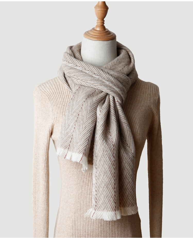 女士人字纹羊绒围巾 轻缩绒羊绒披肩条纹格子秋冬季保暖cashmere