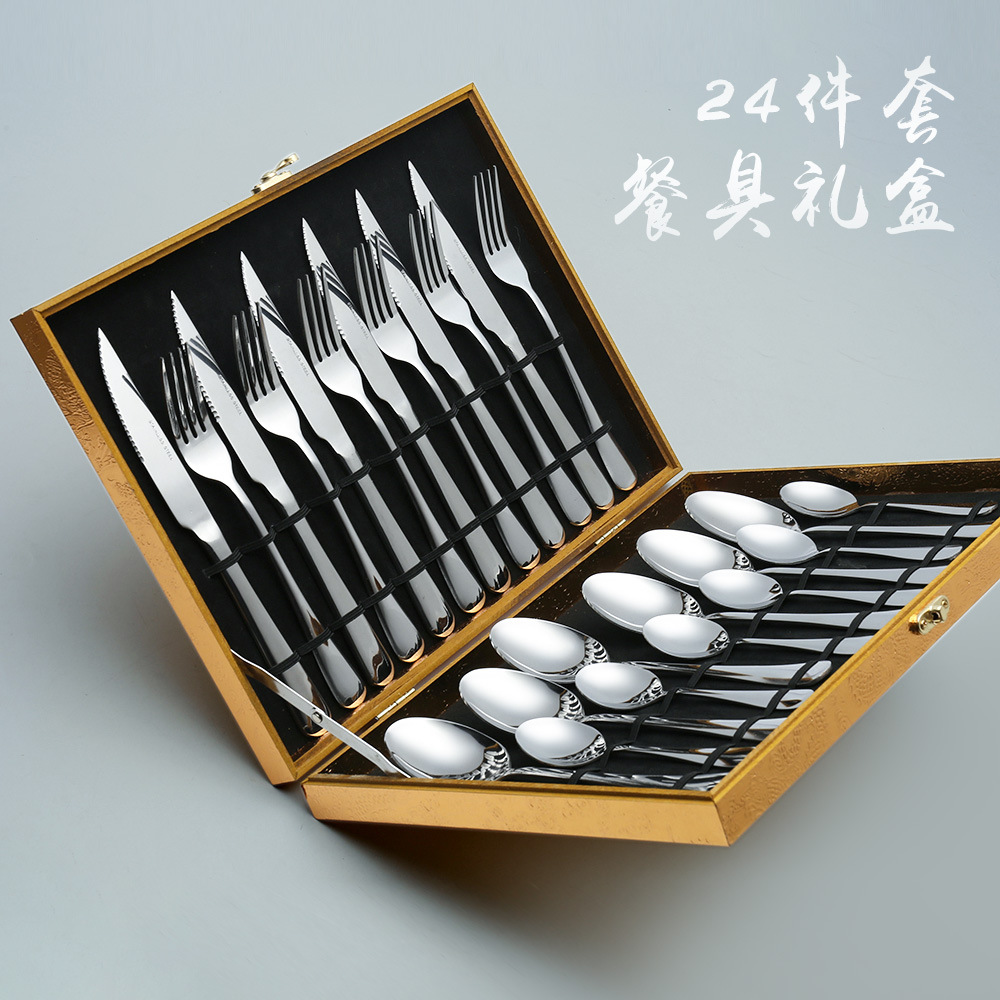 L Stainless Steel Tableware Set Wooden Box 16-Piece Set 24-Piece Set Western Food/Steak Knife, Fork and Spoon 6 People Holiday Gifts