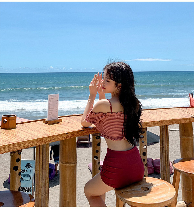 oyy泳衣女2020可爱日系学生新款字肩抹胸新款国ins风复古短袖遮臂