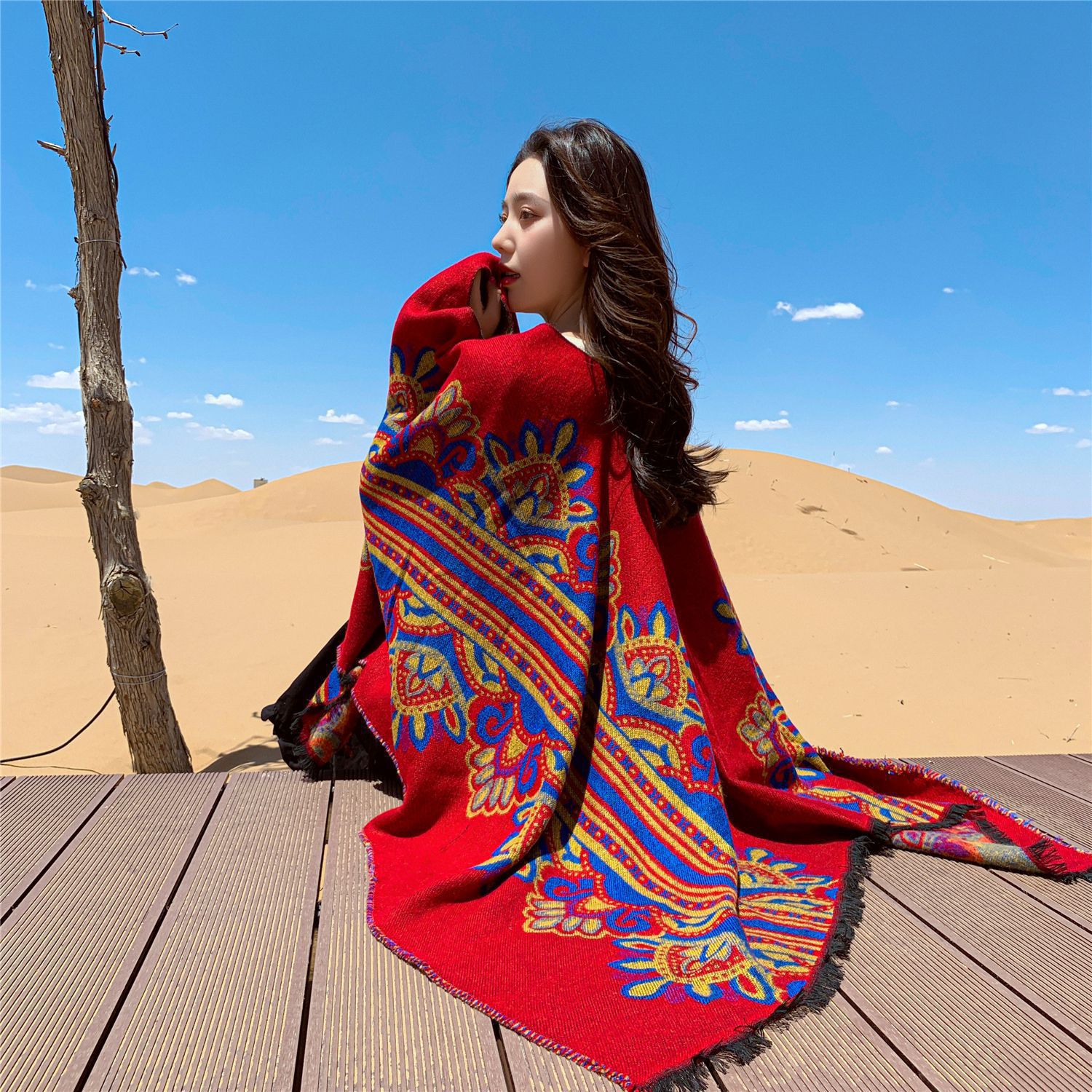 Red Ethnic Retro Style Warm Shawl Tibet Xinjiang Nepal Travel Multi-Purpose Scarf Cloak Female