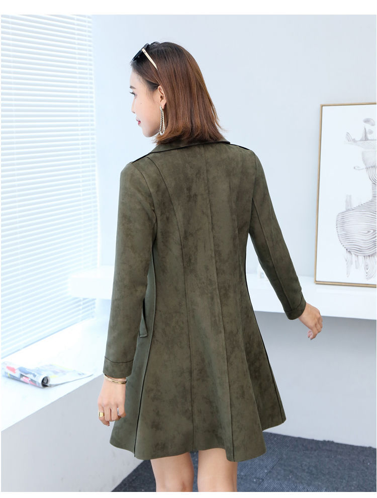 质量保证春秋女生小个子鹿麂皮绒风衣色翻领中长款大摆薄外套