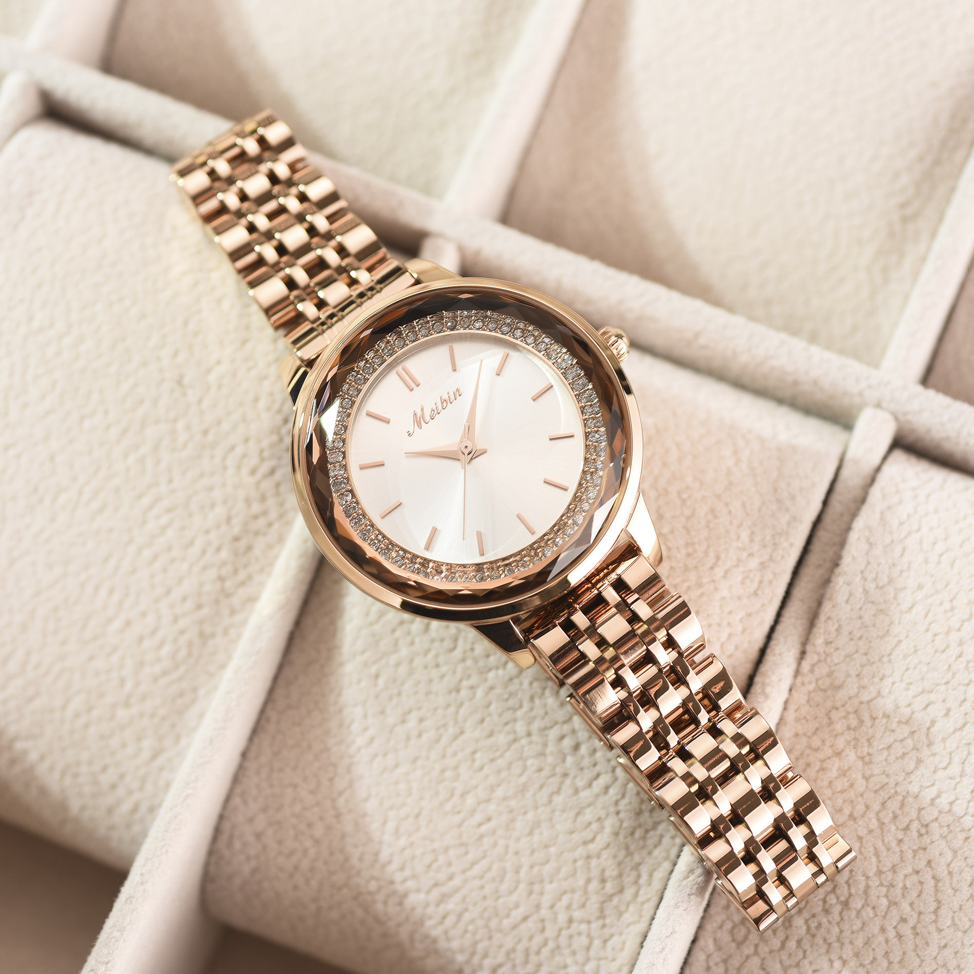美宾meibin 直播同款正品时尚女士石英钢带手表防水1345 一件代发