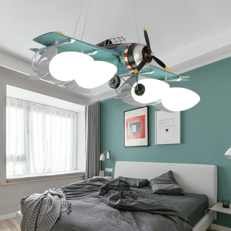 复古铁艺飞机灯儿童房吊灯男孩美式简约个性创意小孩房间卧室灯具
