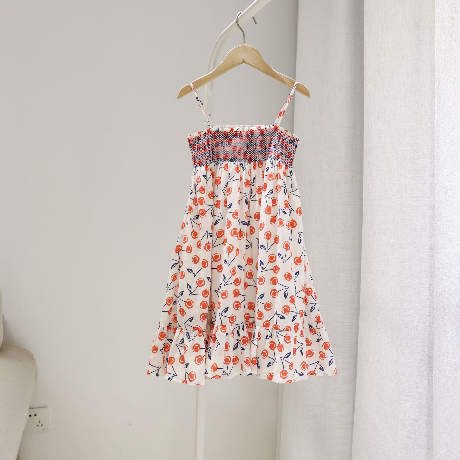 现货一件代发2020春夏新款 女童全棉红樱桃司马克吊带连衣裙