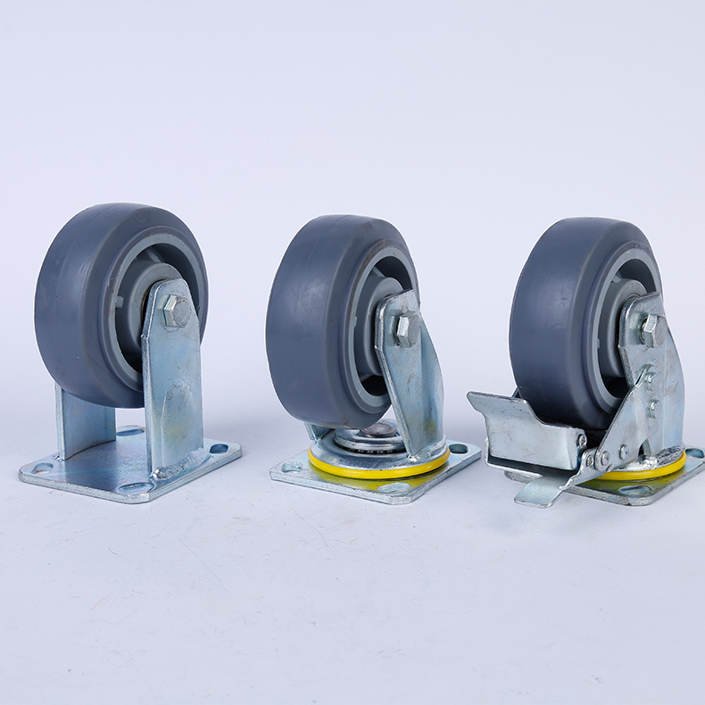 批发4寸5寸6寸8寸tpr橡胶静音轮耐磨刹车脚轮蓝灰色重型工业轮子