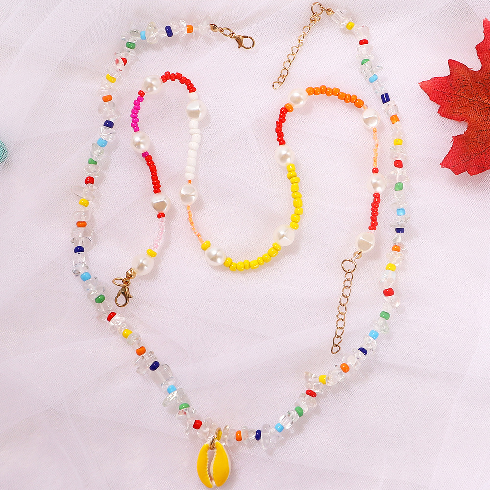 跨境波西米亚风彩色米珠喷漆贝壳双层个性简约明星百搭潮流项链