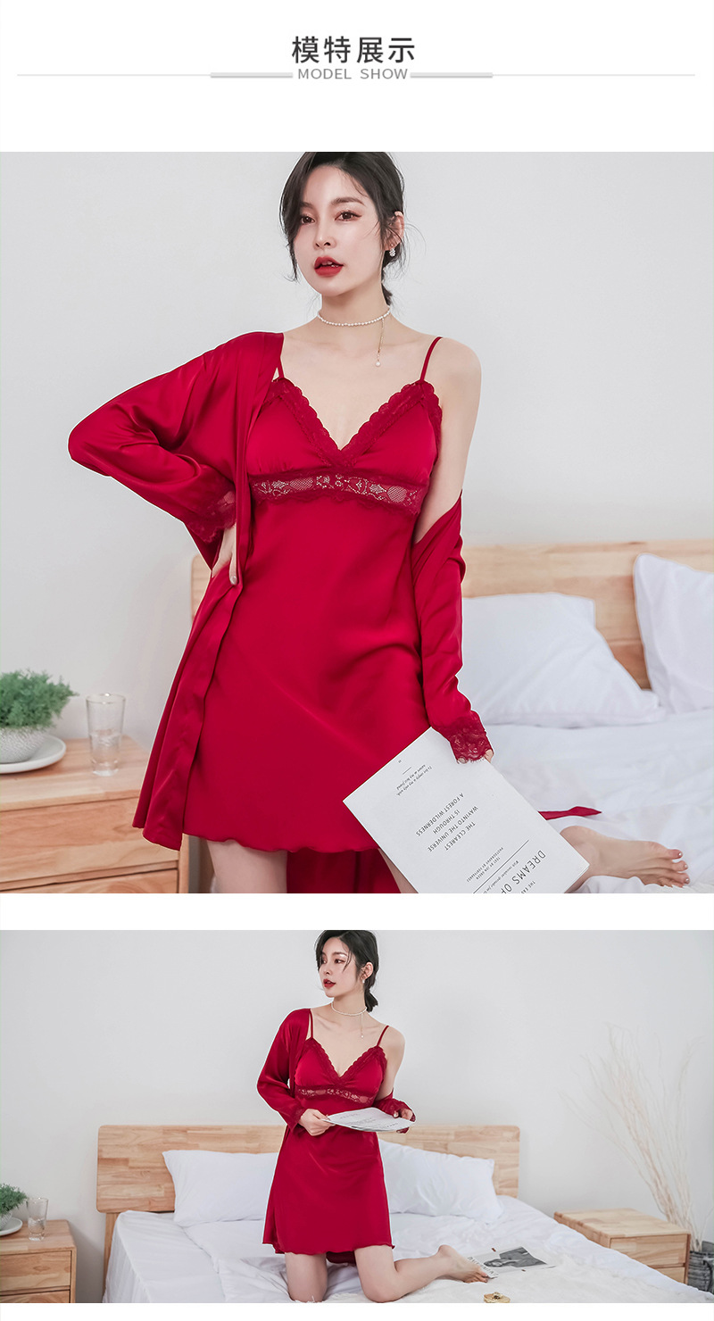 性感仿真丝睡衣女式蕾丝睡袍两件套情趣带胸垫吊带睡裙家居服批发