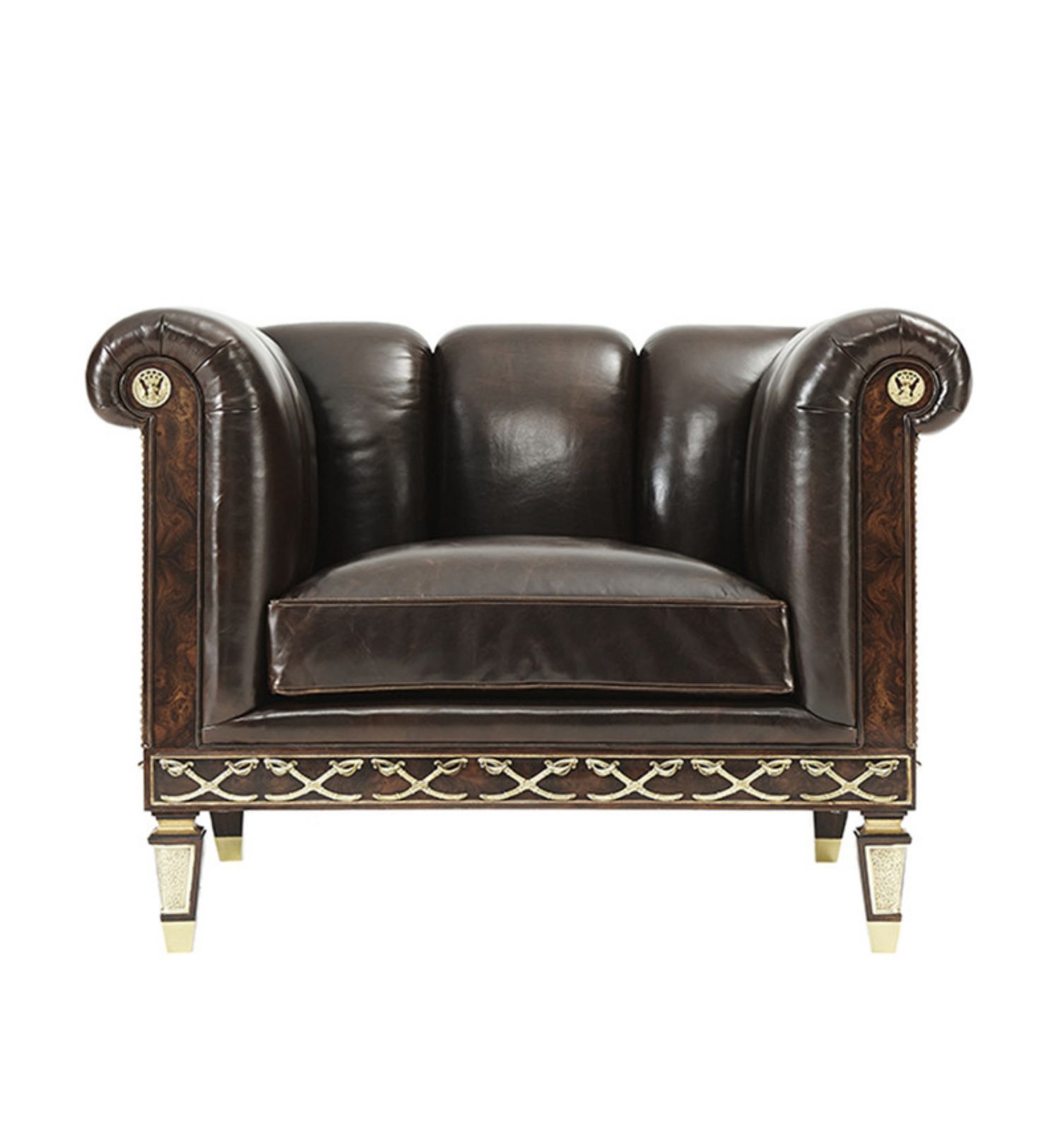 亚历山大单人沙发英式实木雕花真皮桃花芯木镶铜件单人位沙发组合