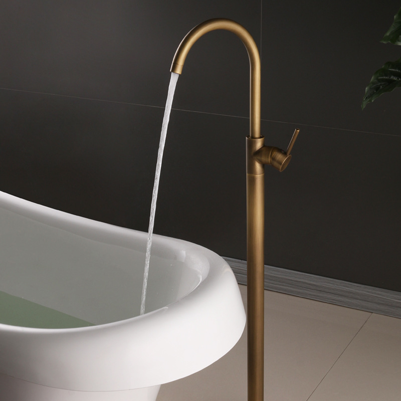 铜冷热立式浴缸龙头 黑色烤漆金色仿古落地龙头浴室缸边水龙头