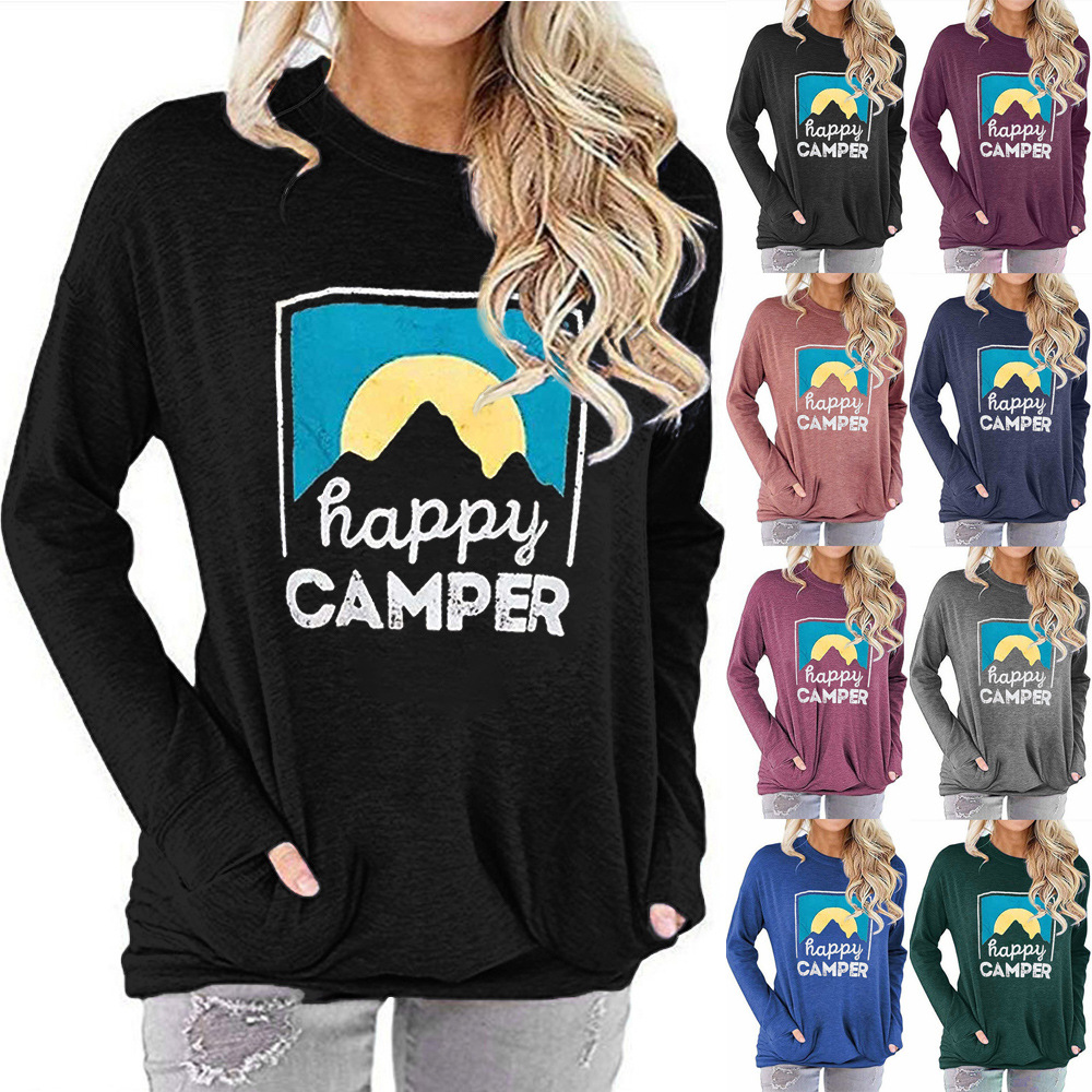 亚马逊秋季外贸女装卫衣 happy camper字母印花宽松圆领长袖t恤女