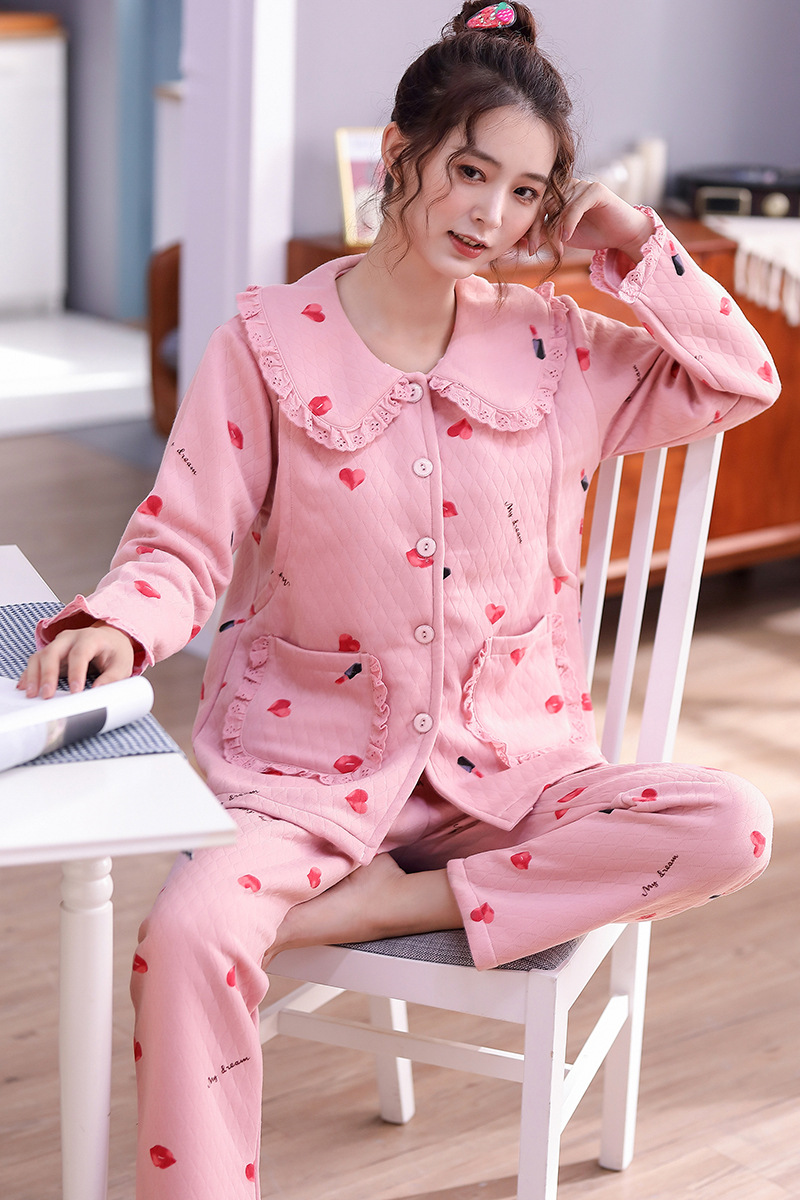 月子服棉布夹层棉薄款产后孕妇哺乳纯棉怀孕期喂奶服开衫翻领套装