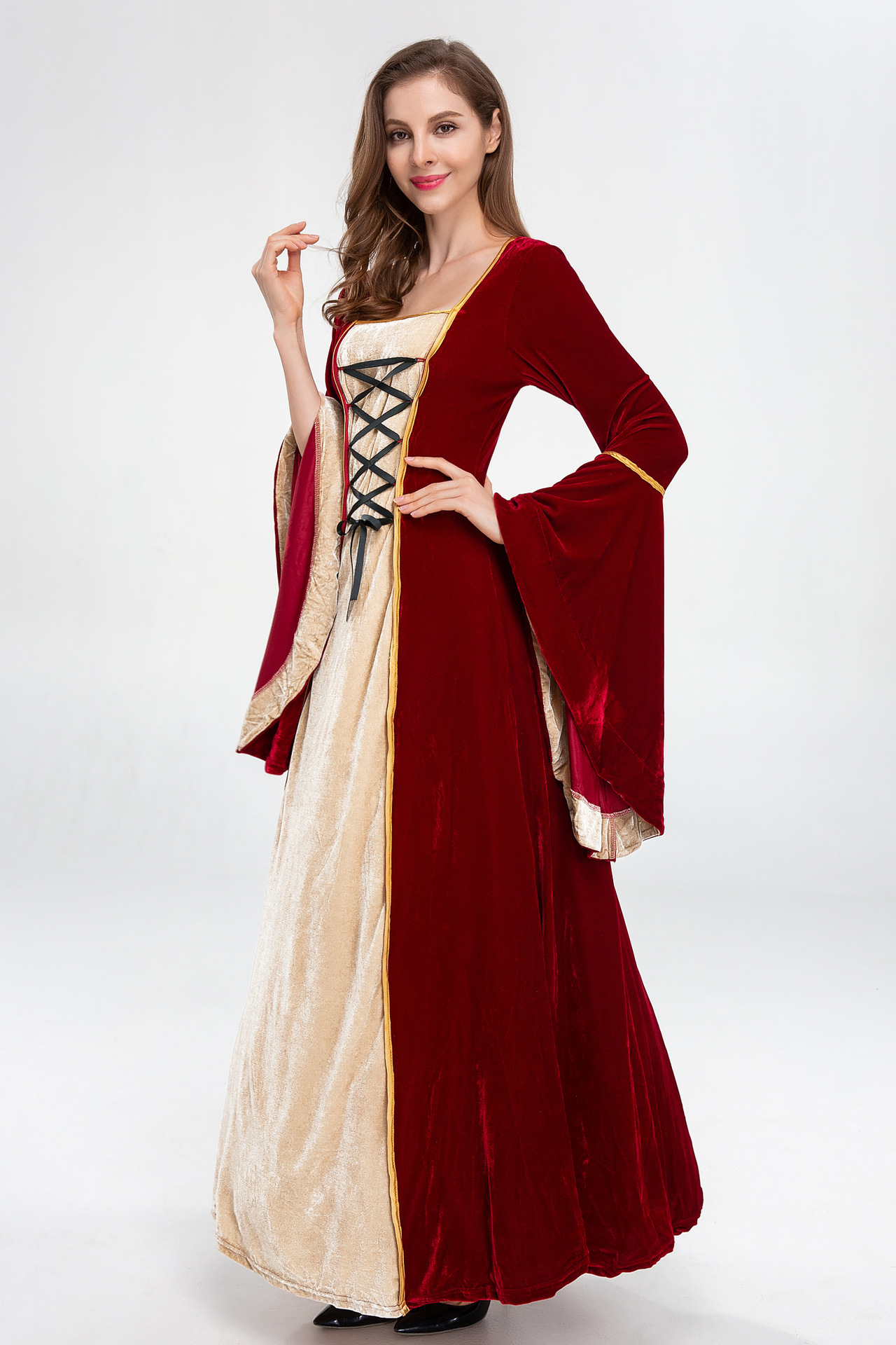 万圣节厂家直销欧洲中世纪复古绑带束腰 连衣裙一字领蝙蝠袖大摆