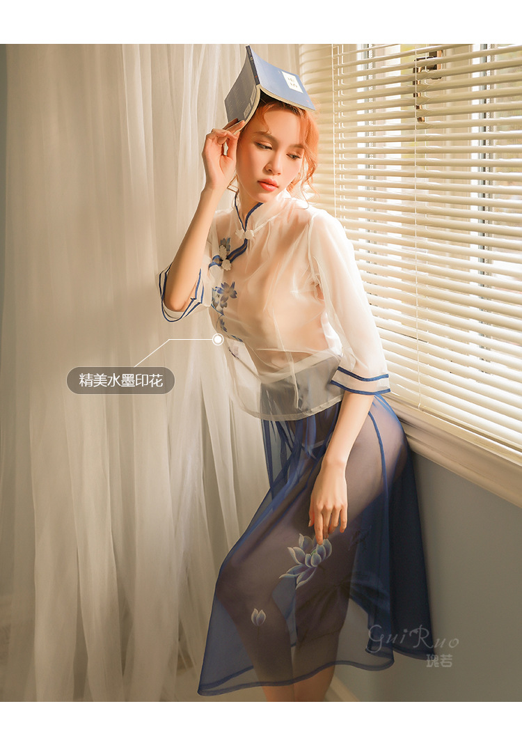 瑰若情趣内衣女 性感透视诱惑网纱印花分体民国学生装旗袍长裙160