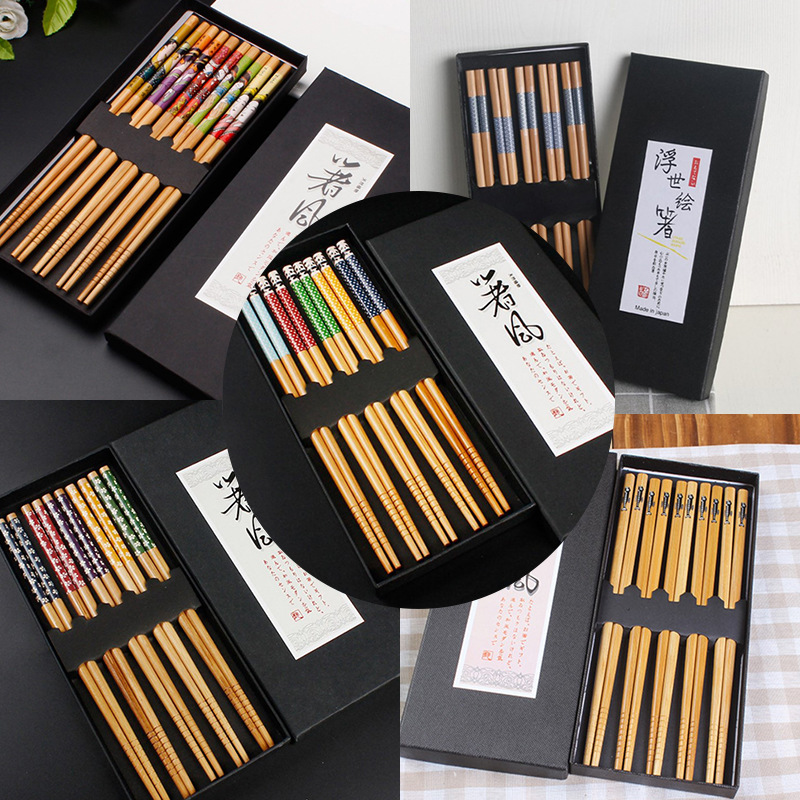 日式竹筷子和风印花礼盒竹筷筷子精致黑色礼盒5双套装 一件代发