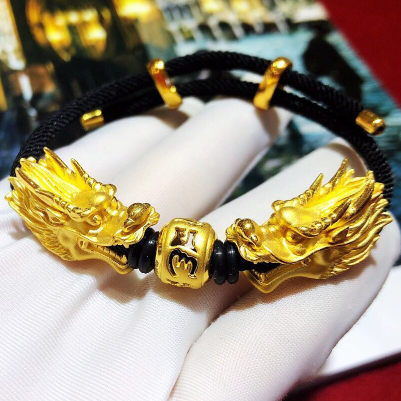 999足金龙头3d硬金双龙戏珠男士黄金手链24k真金手串转运手串