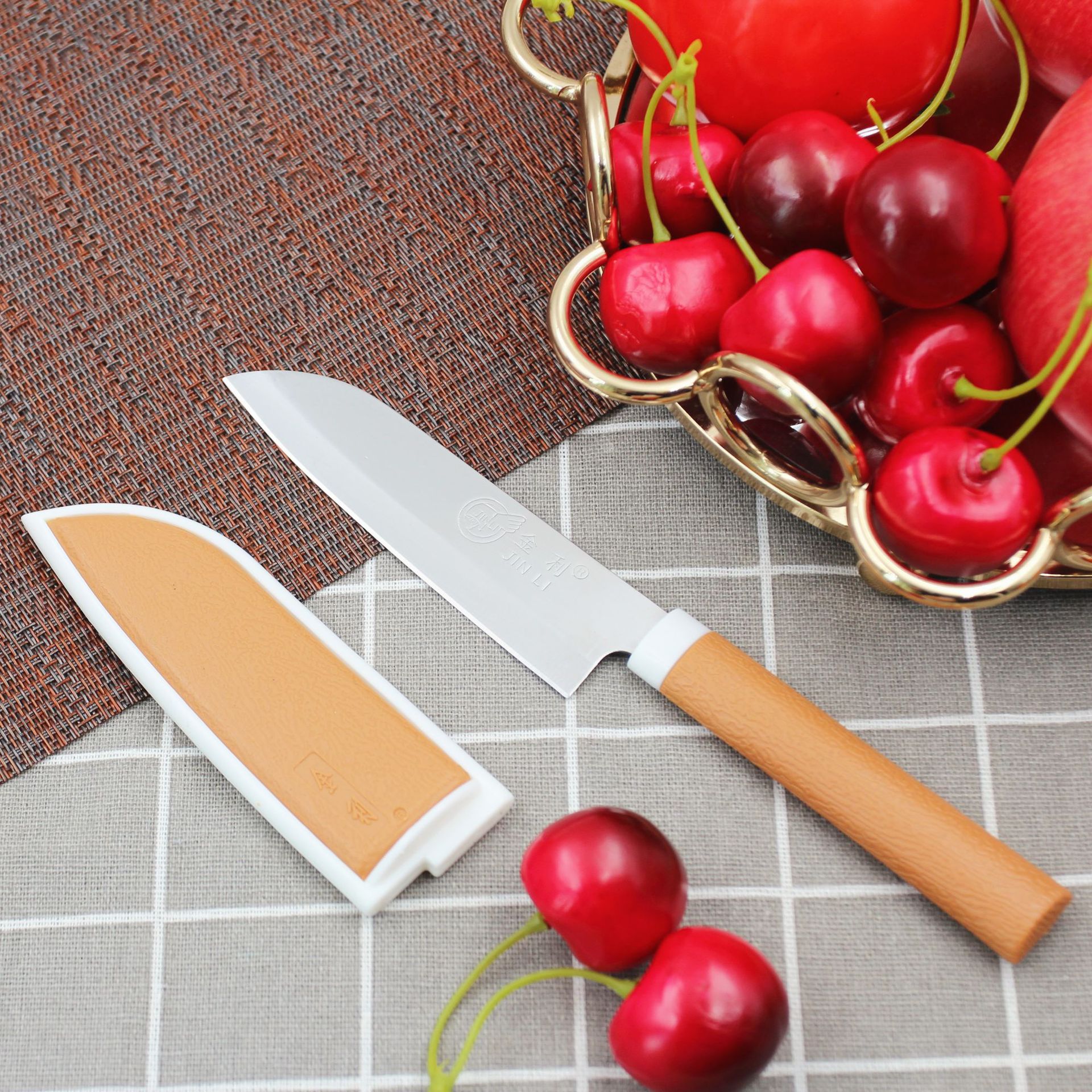 阳江金利608不锈钢水果刀家用厨房小刀便携刀子防护套小刀削皮刀