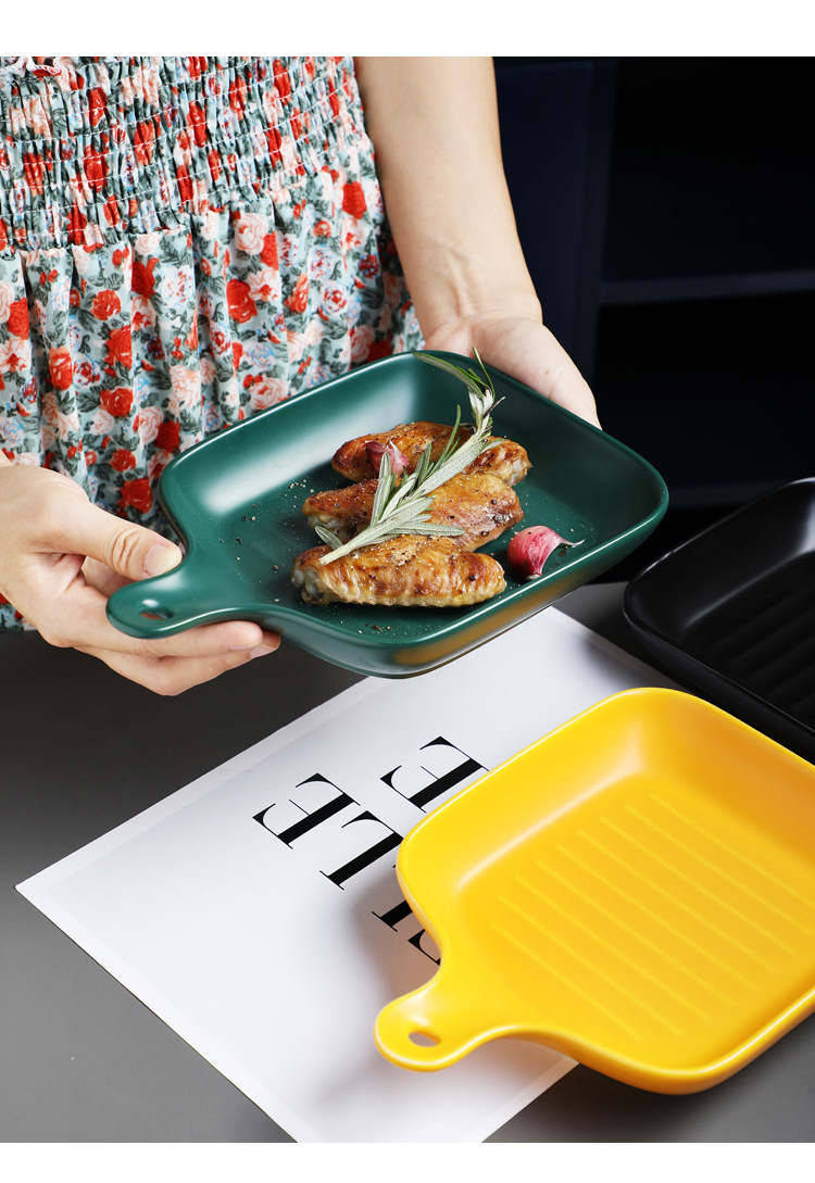 北欧餐具盘子创意网红盘子菜盘家用单柄烤盘陶瓷烤箱用可爱的盘子