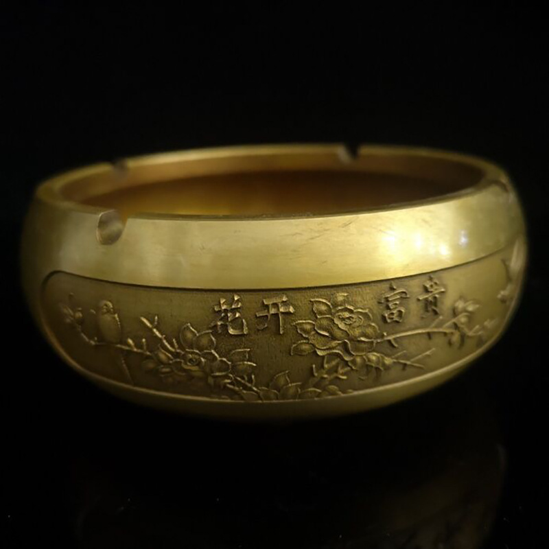 仿古黄铜烟灰缸香炉摆件 古玩做旧铜香炉家居摆设工艺品