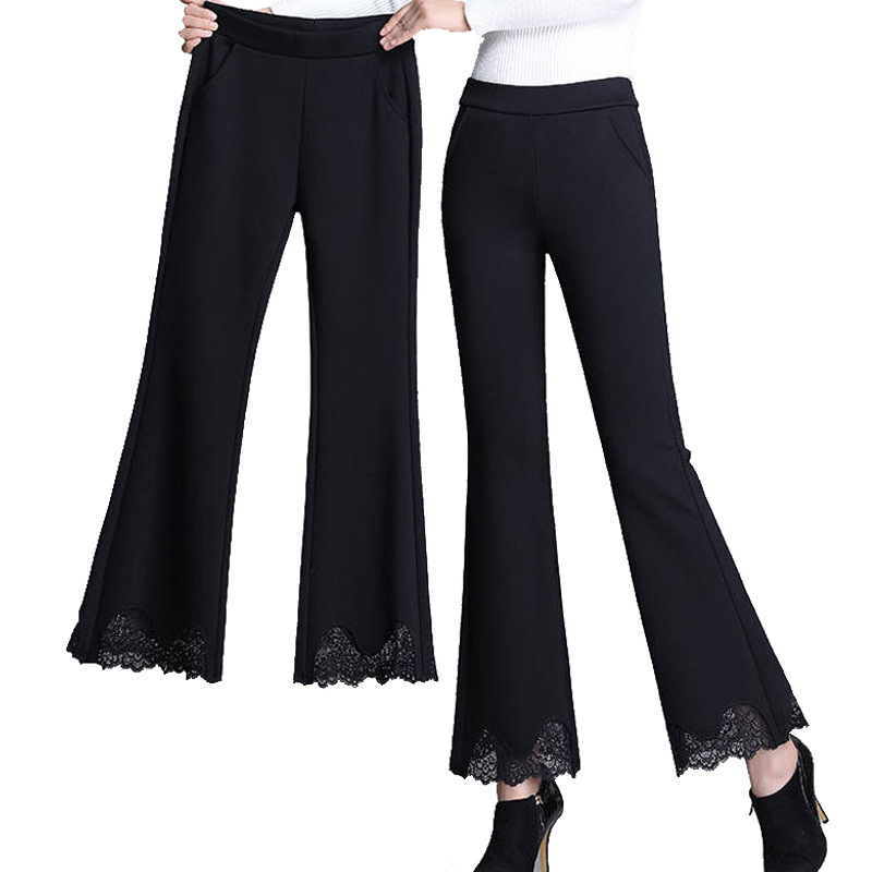 2023 Lace Edge Bell-Bottom Pants Black High Waist Cropped Pants Outer Wear Women Temperament Commute Lightly Mature Women's Casual Trousers