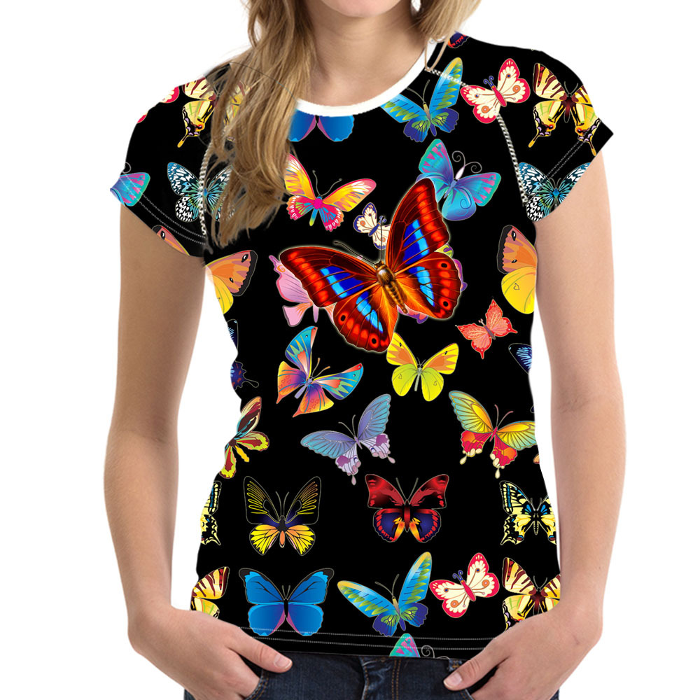 夏季新款女短袖圆领套头涤纶修身型短袖女士t恤女装批发 绚丽蝴蝶