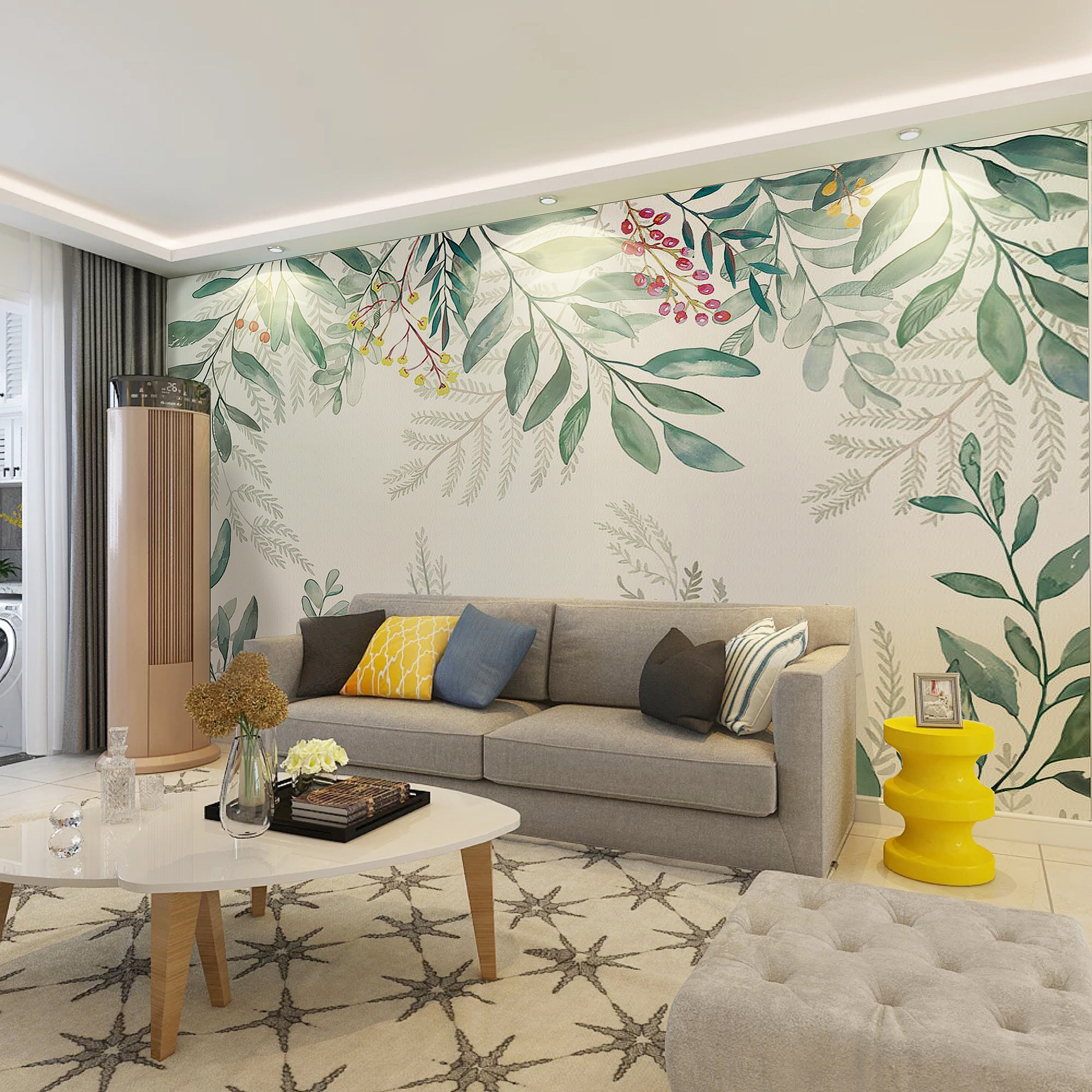 3d北欧电视背景墙纸客厅手绘叶子热带雨林壁纸小清新壁画影视墙布