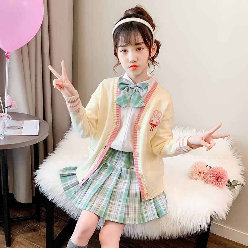 格子西服套装秋款2020新款女童洋气jk制服百褶裙学院风三件套开衫