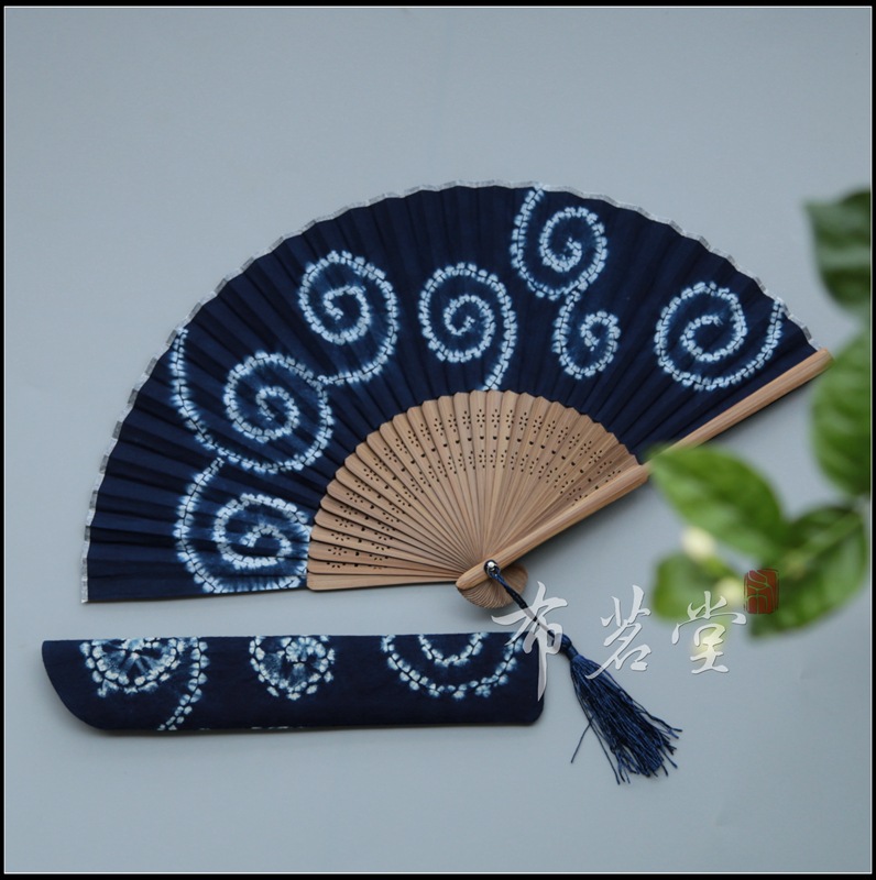 布茗堂扎染布艺折扇植物蓝染合辑棉布折扇和风日式工艺折扇