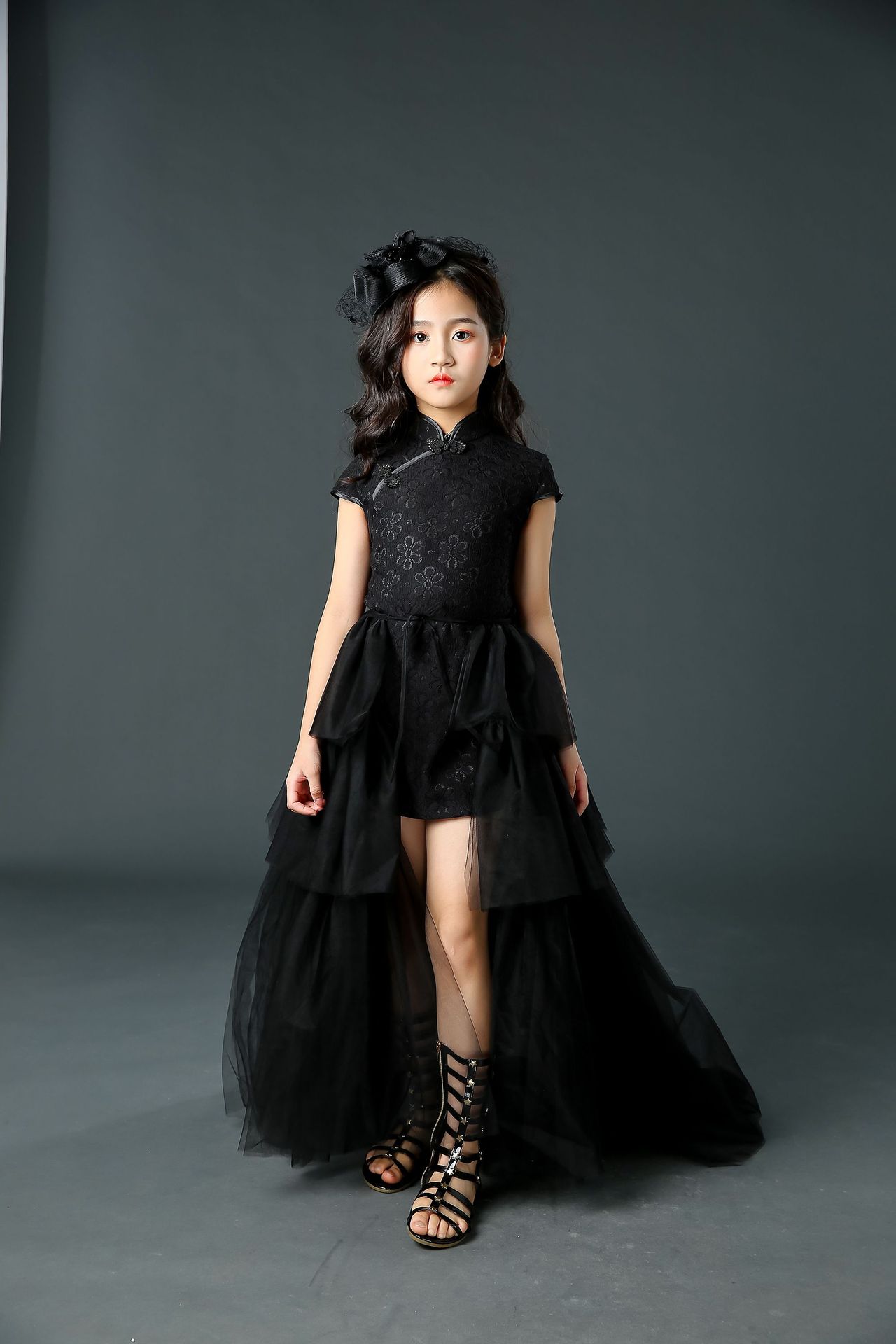 女童中国风旗袍高端儿童模特走秀拖尾礼服国潮改良霸气演出服时尚