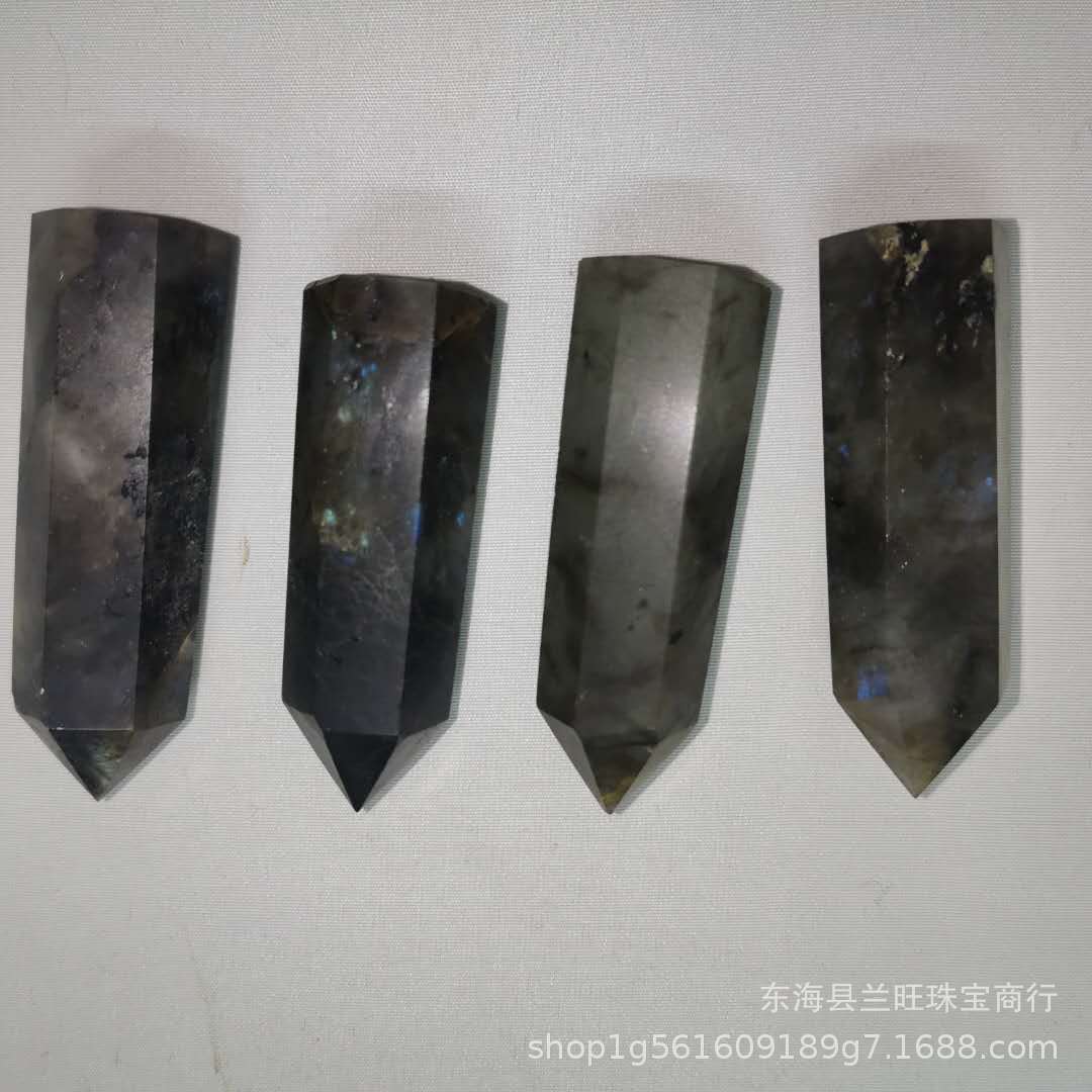 天然拉长石六棱柱水晶柱 灰月光石六角棱原石摆件 厂家直销