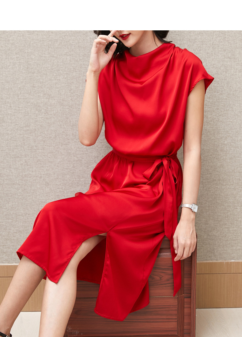 重磅红色真丝连衣裙女2020夏季新款单层缎面桑蚕丝收腰显瘦长裙子
