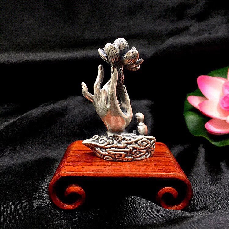 银薇妮 s999足银佛手托莲香插复古做旧纯银家居摆件摆饰代发批发
