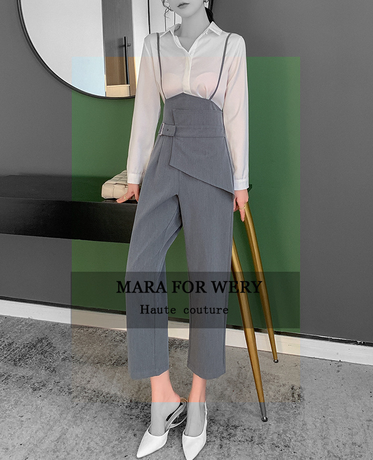 秋季吊带直筒西裤女2020新背带裤时尚高腰小脚裤子显瘦百搭不对称