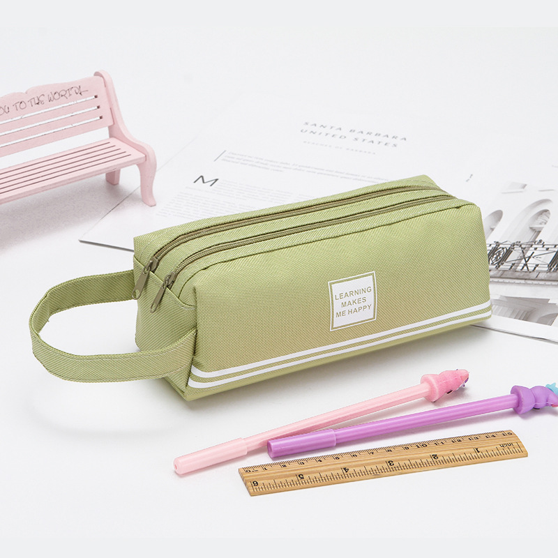 Pen Pencil Case Simple Solid Color Striped Double Layer Stationery Pencil Case Student Creativity Large Capacity Portable Pencil Case Printed Logo