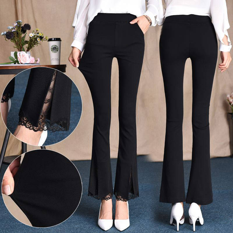 2023 Lace Edge Bell-Bottom Pants Black High Waist Cropped Pants Outer Wear Women Temperament Commute Lightly Mature Women's Casual Trousers