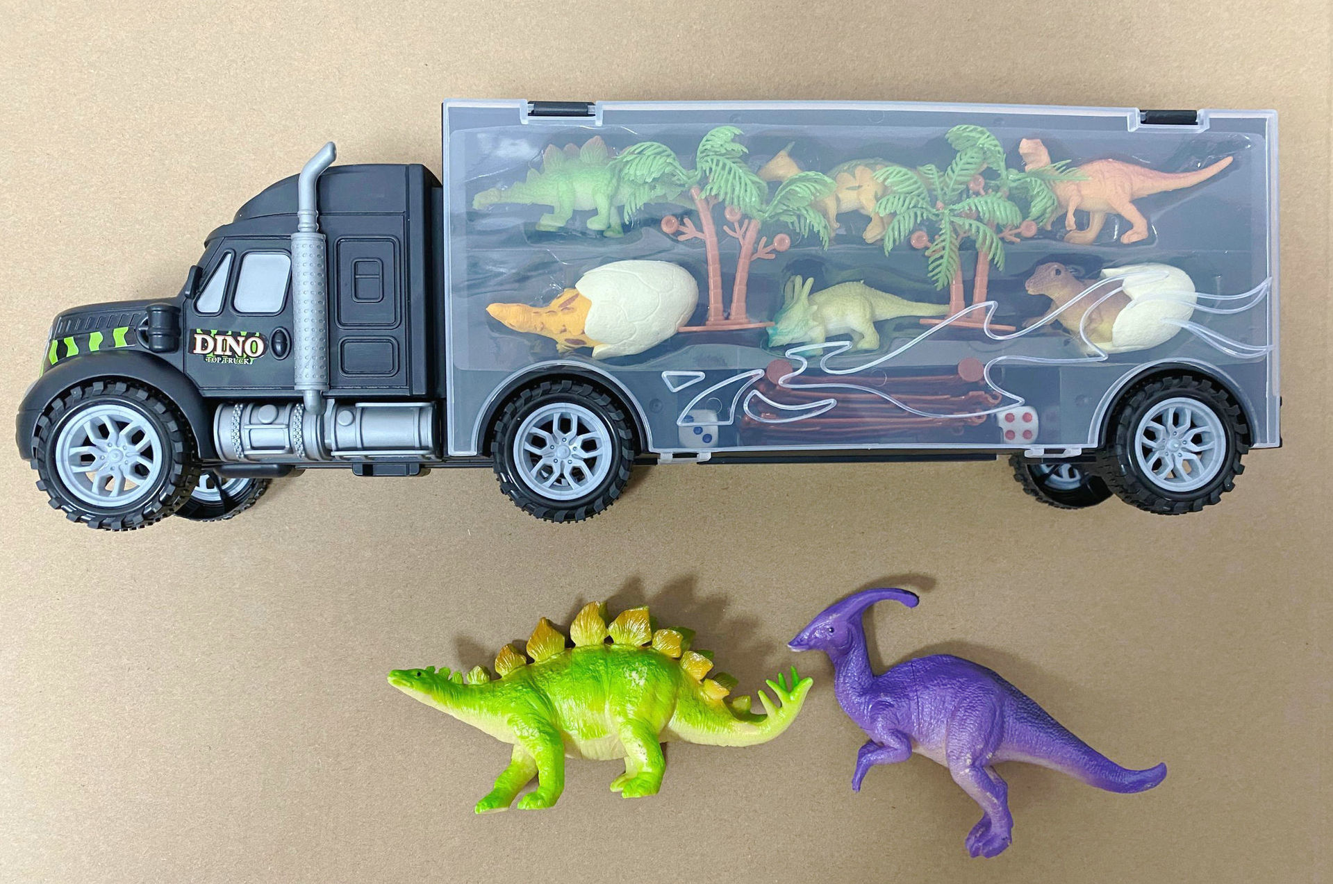 亚马逊恐龙玩具 恐龙运输卡车儿童货柜车 货柜收纳小恐龙卡车