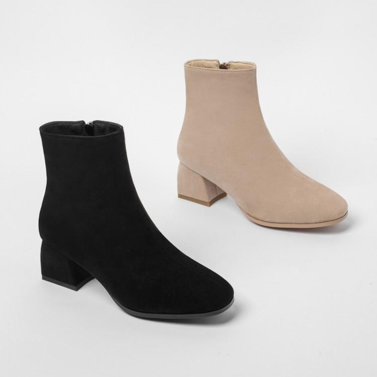 舒适春秋靴女米色靴子绒面鞋粗跟中跟短靴大码女靴小码女鞋 rymj