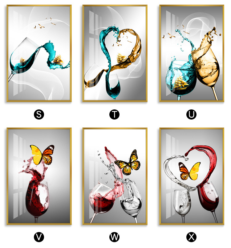 现代简约轻奢晶瓷画抽象创意酒杯餐厅装饰画一帆风顺酒店三联挂画