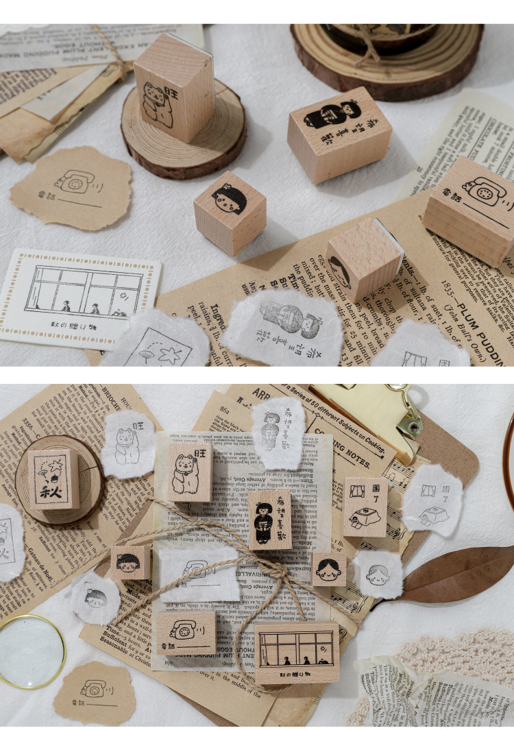 纸染木质印章 一年秋系列 创意可爱图案手帐diy装饰印画8款