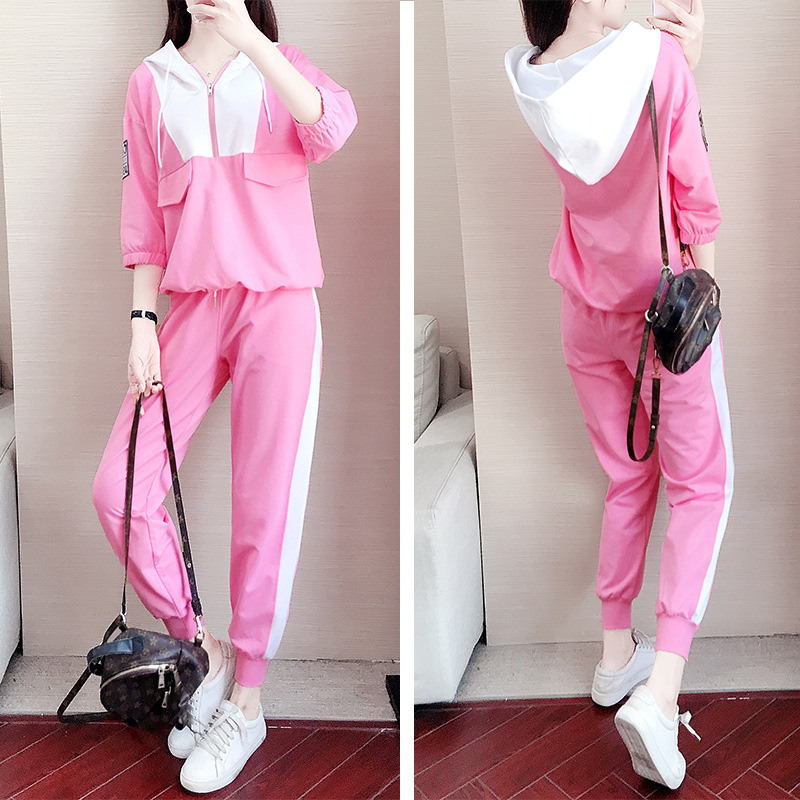 休闲运动套装女春2022新款时尚宽松洋气减龄粉色卫衣早秋两件套潮